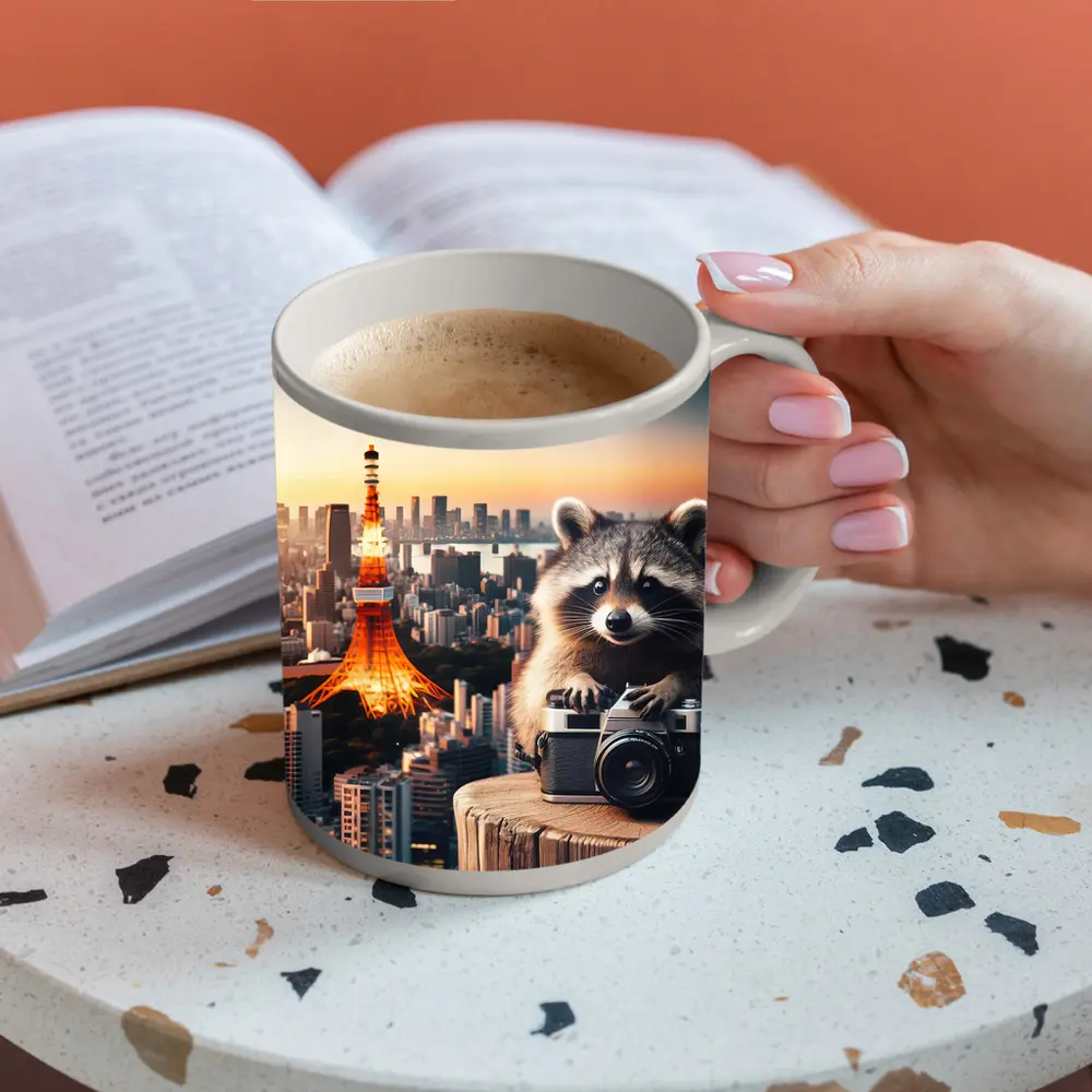 Raccoon Photographer Tokyo Tower Skyline Sunset – Mugs