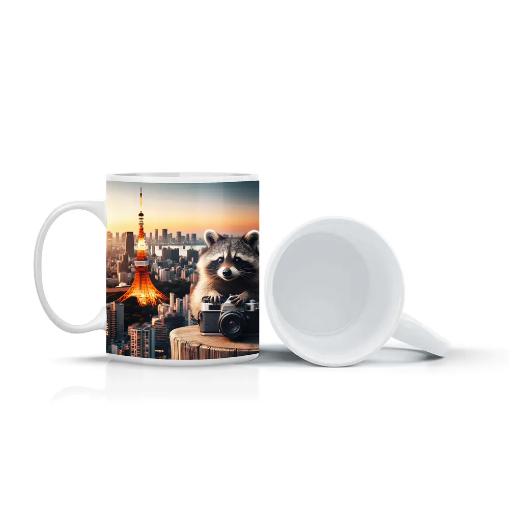 Raccoon Photographer Tokyo Tower Skyline Sunset – Mugs