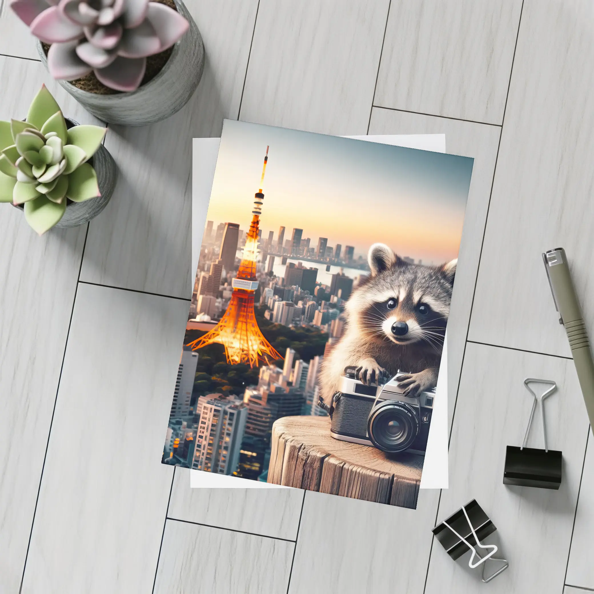 Raccoon Photographer Tokyo Tower Skyline Sunset – Postcards