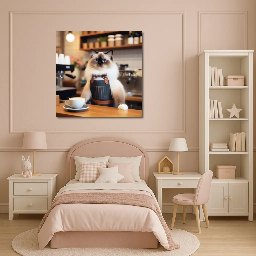 Ragdoll Cat Barista Coffee Shop Scene – Wall Art
