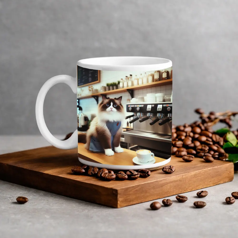 Ragdoll Cat Barista in Coffee Shop – Mugs