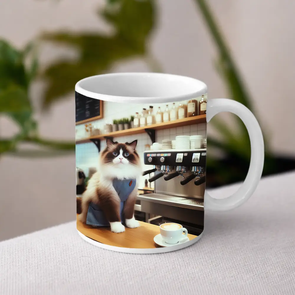 Ragdoll Cat Barista in Coffee Shop – Mugs