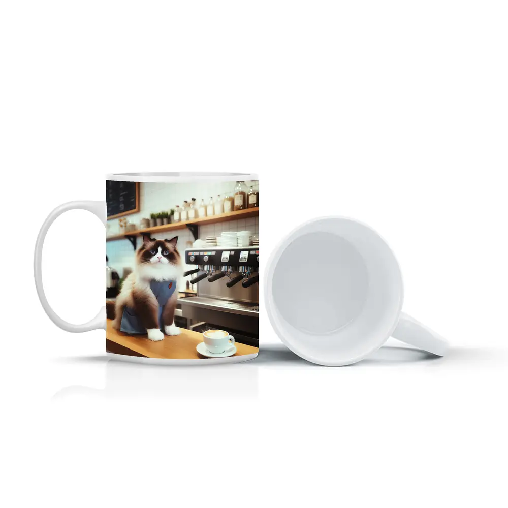 Ragdoll Cat Barista in Coffee Shop – Mugs