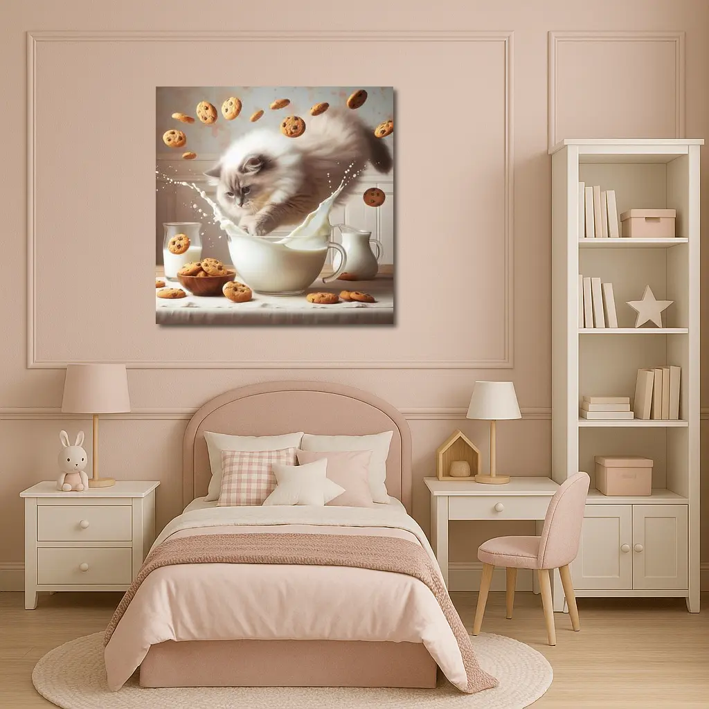 Ragdoll Cat Splashing Milk With Cookies – Wall Art