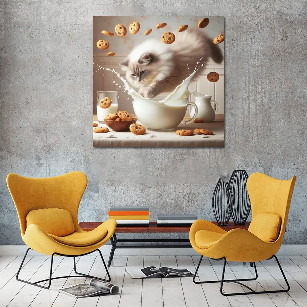 Ragdoll Cat Splashing Milk With Cookies – Wall Art