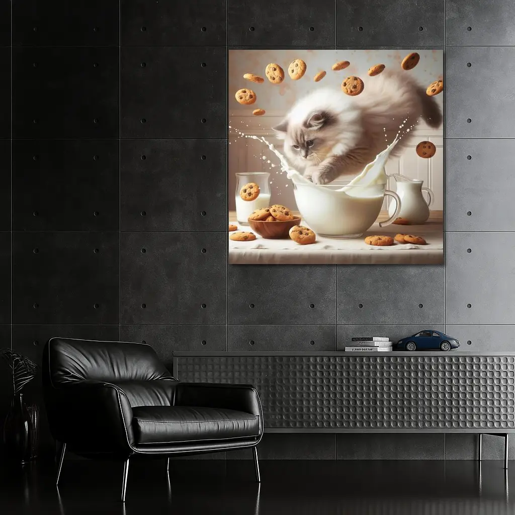 Ragdoll Cat Splashing Milk With Cookies – Wall Art