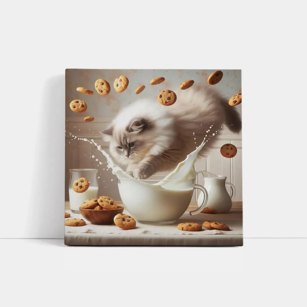Ragdoll Cat Splashing Milk With Cookies – Wall Art