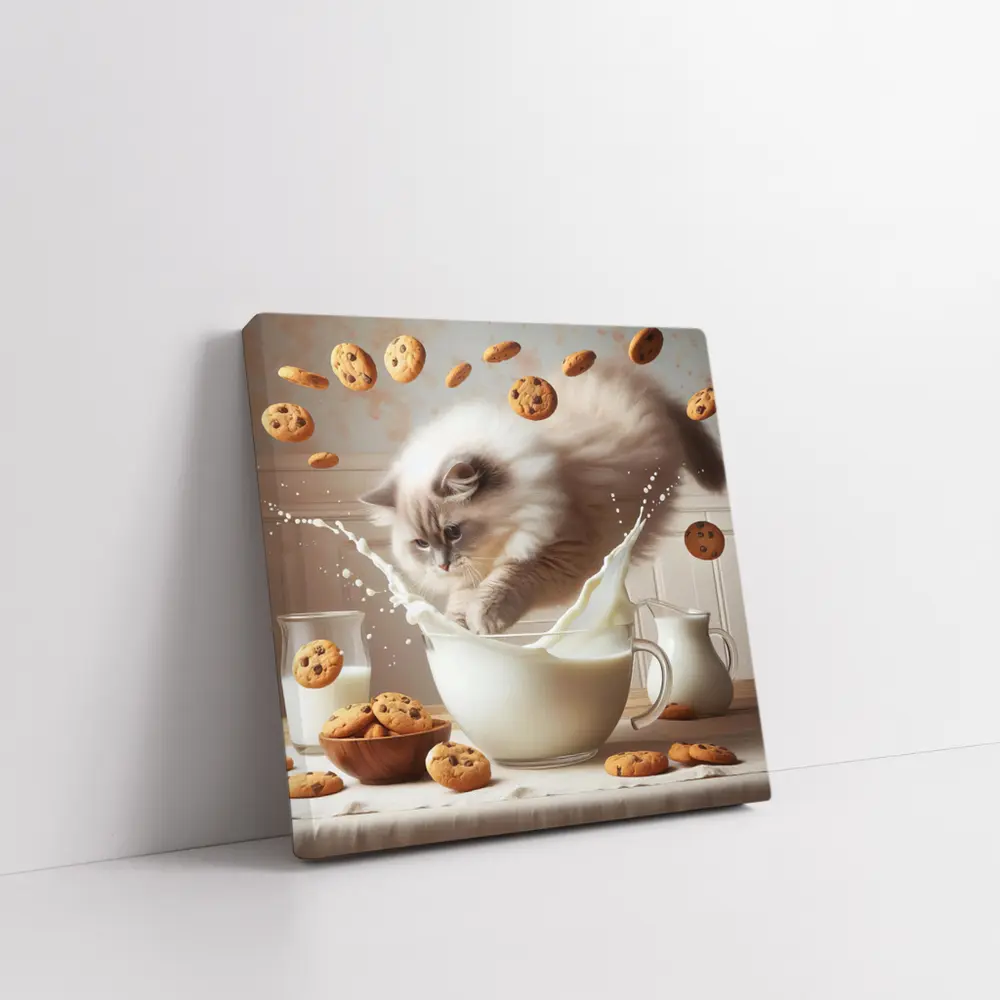 Ragdoll Cat Splashing Milk With Cookies – Wall Art