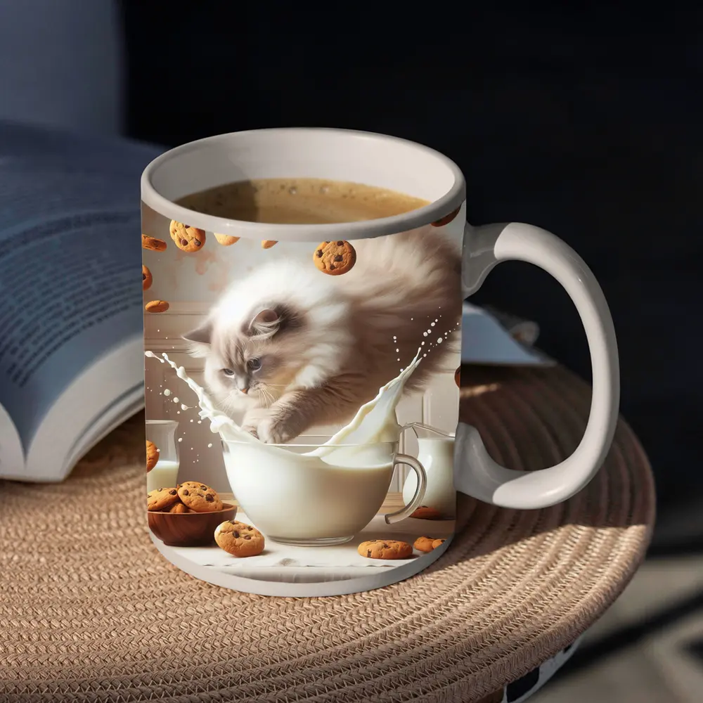 Ragdoll Cat Splashing Milk With Cookies – Mugs