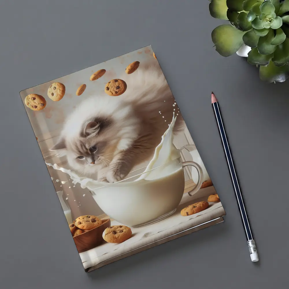 Ragdoll Cat Splashing Milk With Cookies – Notebooks
