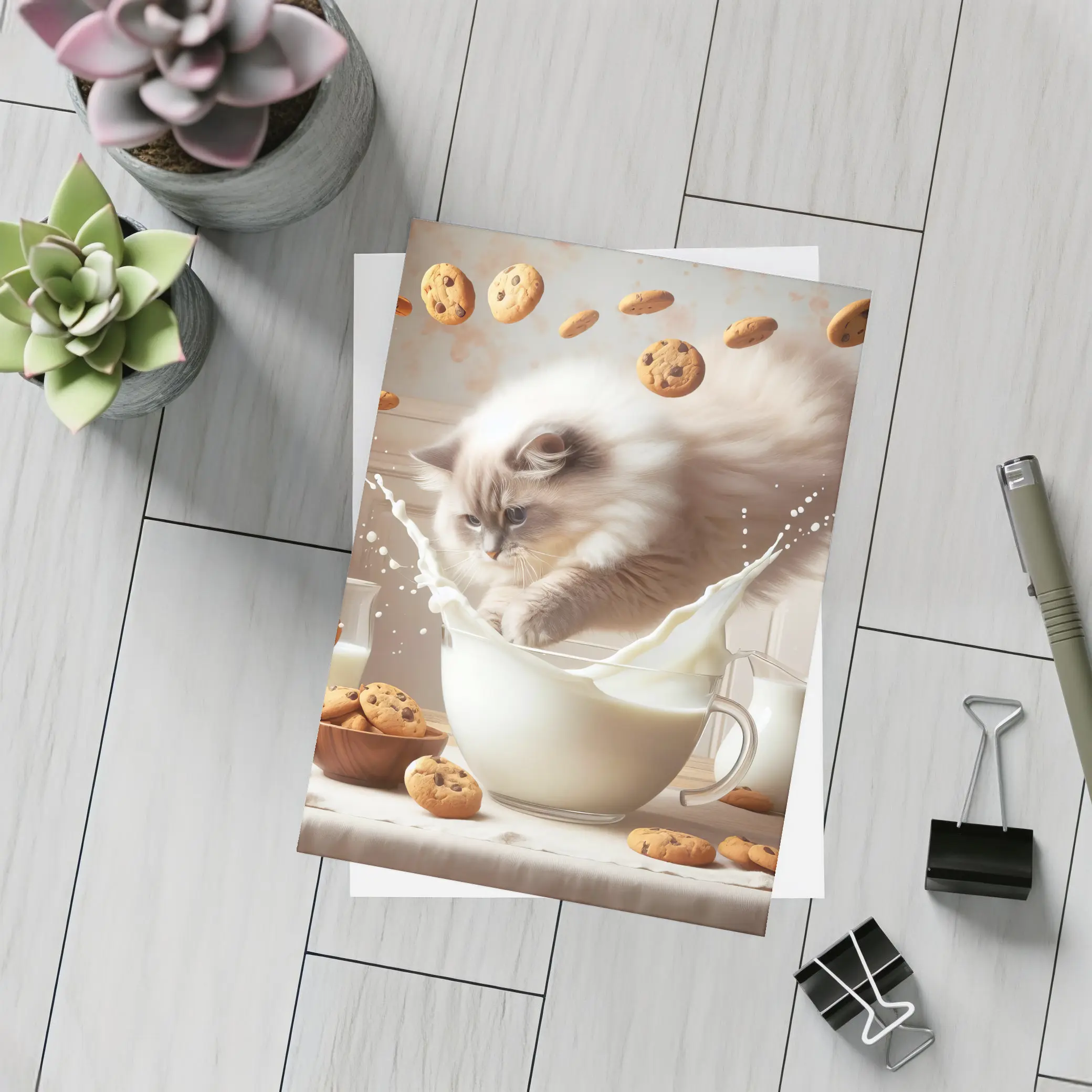 Ragdoll Cat Splashing Milk With Cookies – Postcards