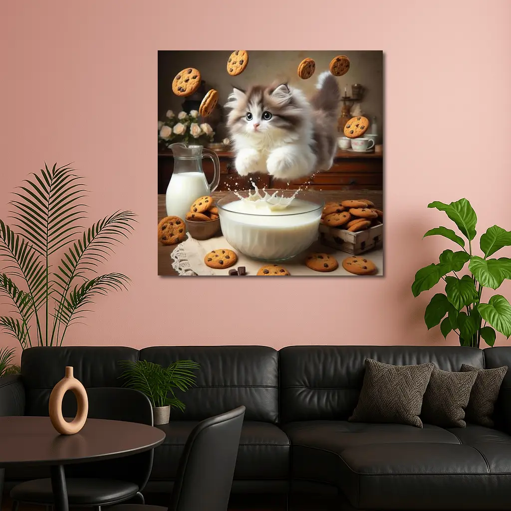 Fluffy Kitten Jumping Into Milk Bowl Cookies – Wall Art