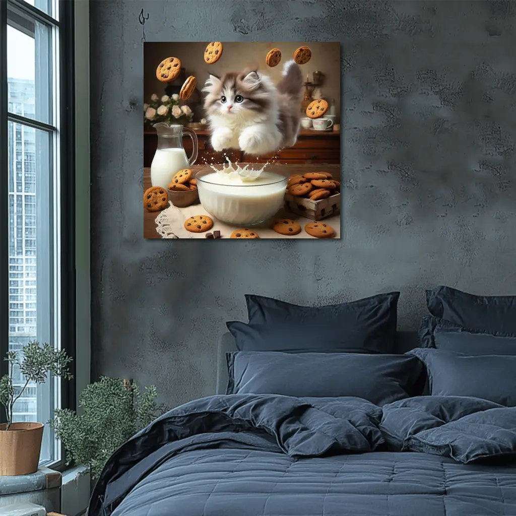 Fluffy Kitten Jumping Into Milk Bowl Cookies – Wall Art