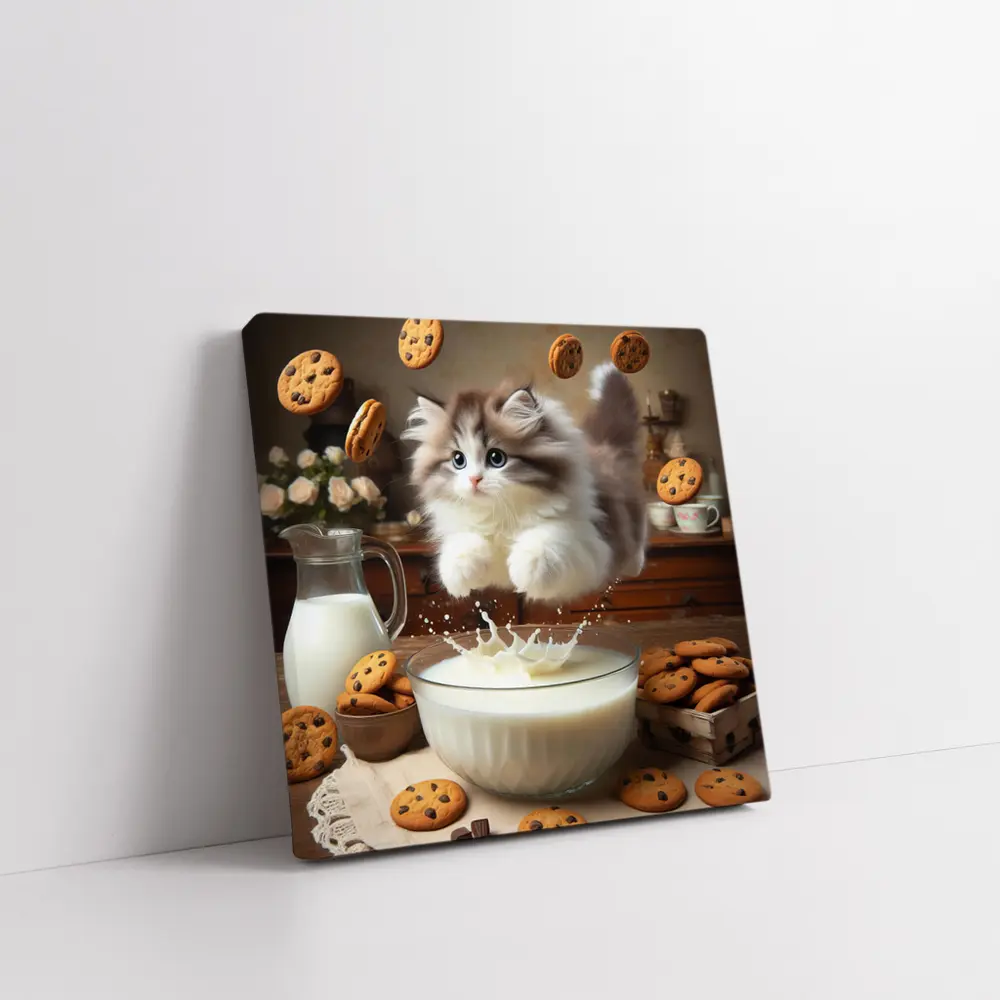 Fluffy Kitten Jumping Into Milk Bowl Cookies – Wall Art