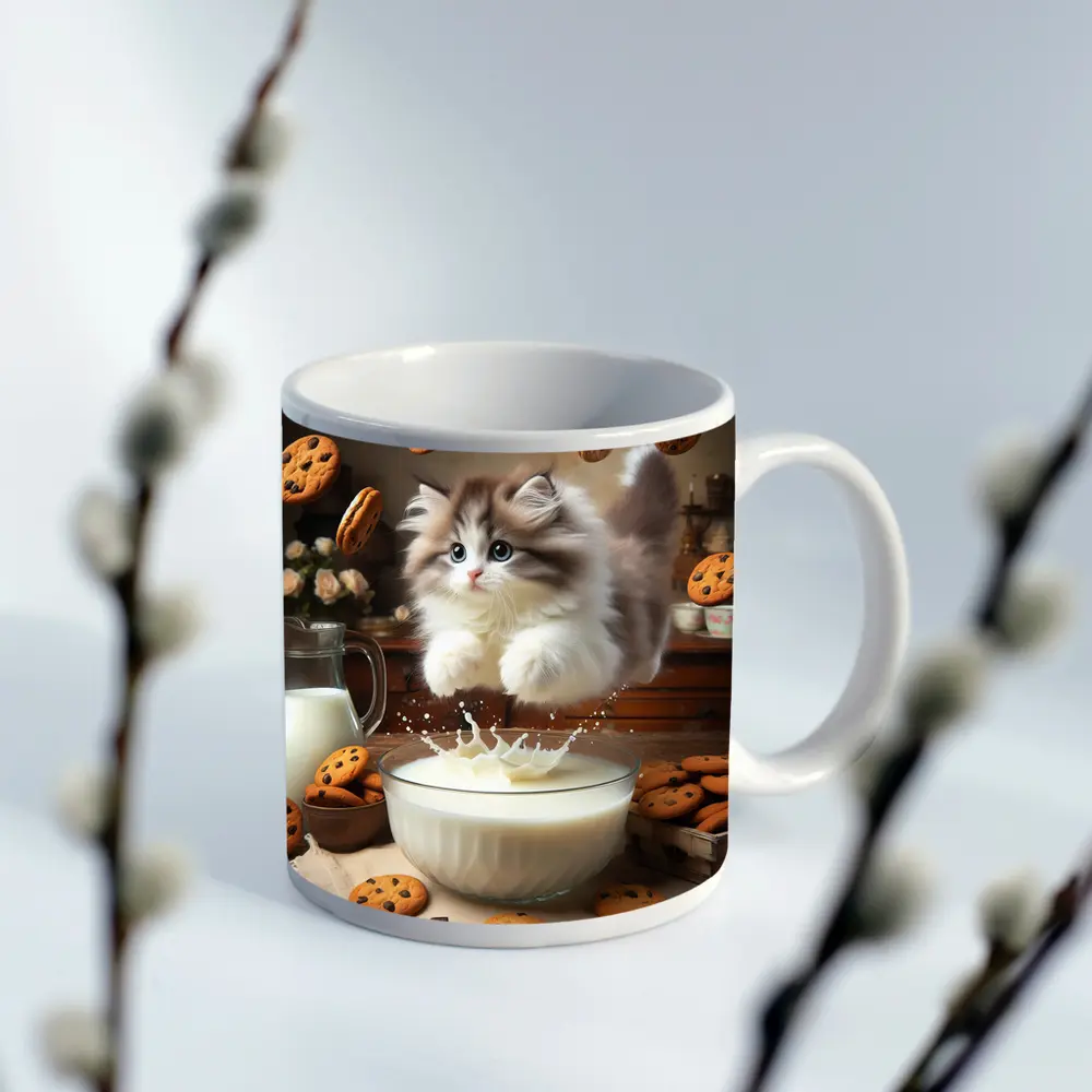 Fluffy Kitten Jumping Into Milk Bowl Cookies – Mugs