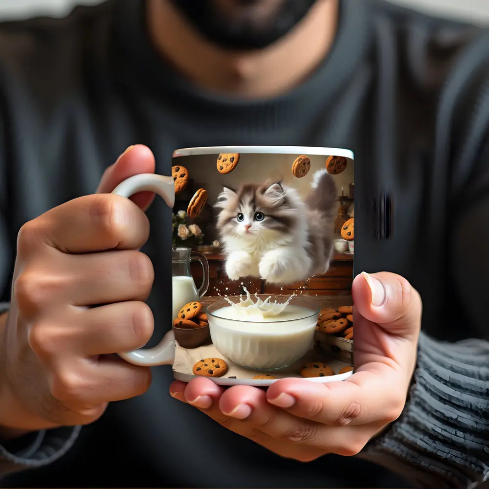Fluffy Kitten Jumping Into Milk Bowl Cookies – Mugs