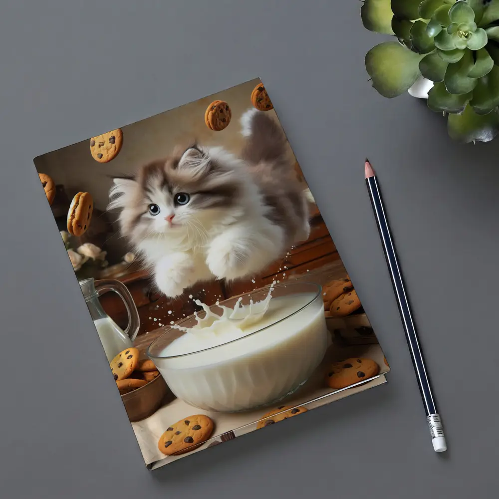 Fluffy Kitten Jumping Into Milk Bowl Cookies – Notebooks