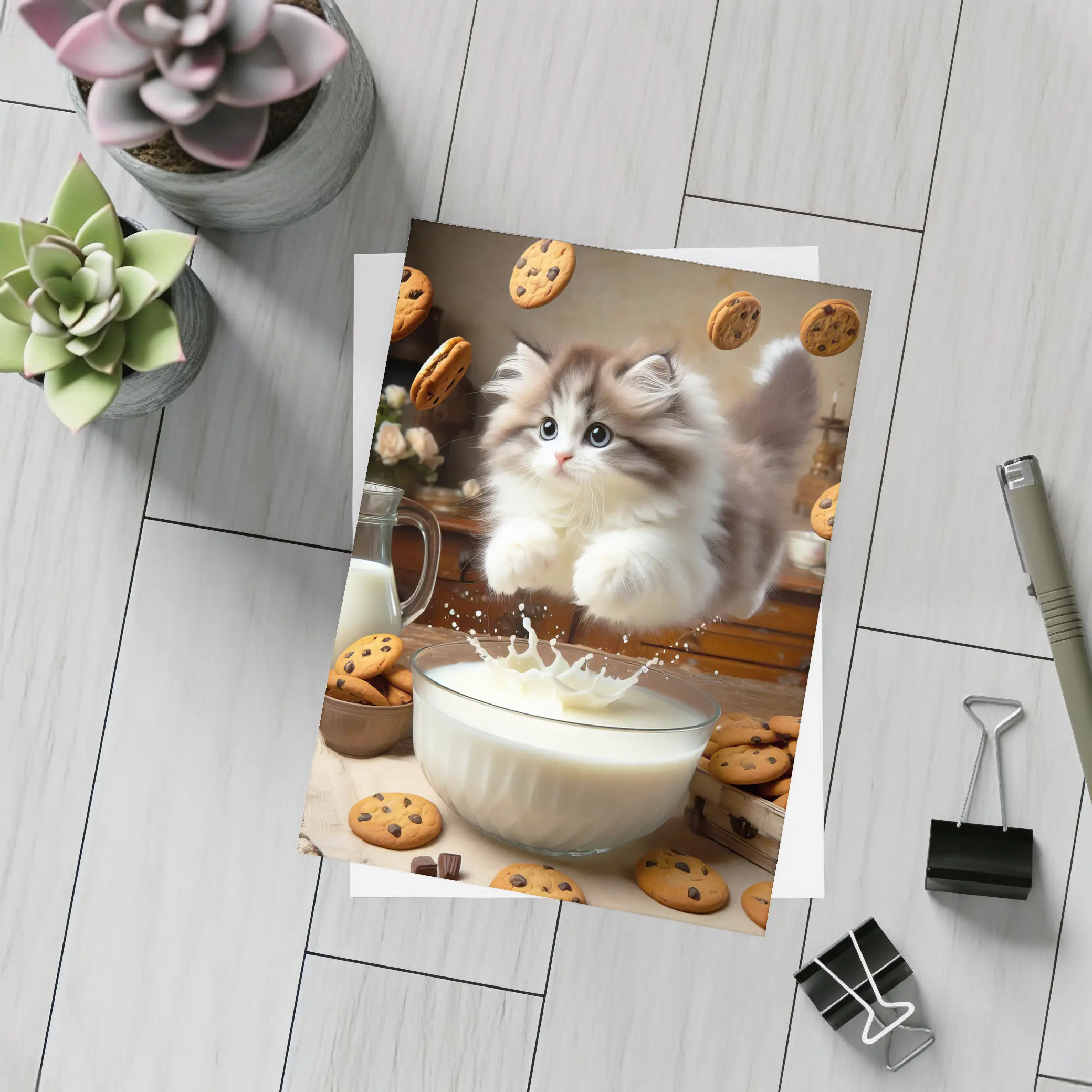 Fluffy Kitten Jumping Into Milk Bowl Cookies – Postcards