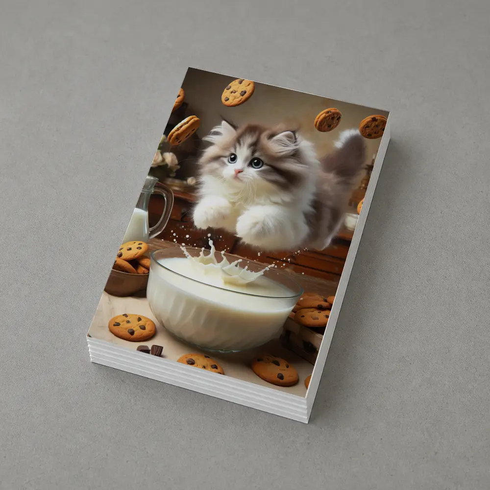 Fluffy Kitten Jumping Into Milk Bowl Cookies – Postcards