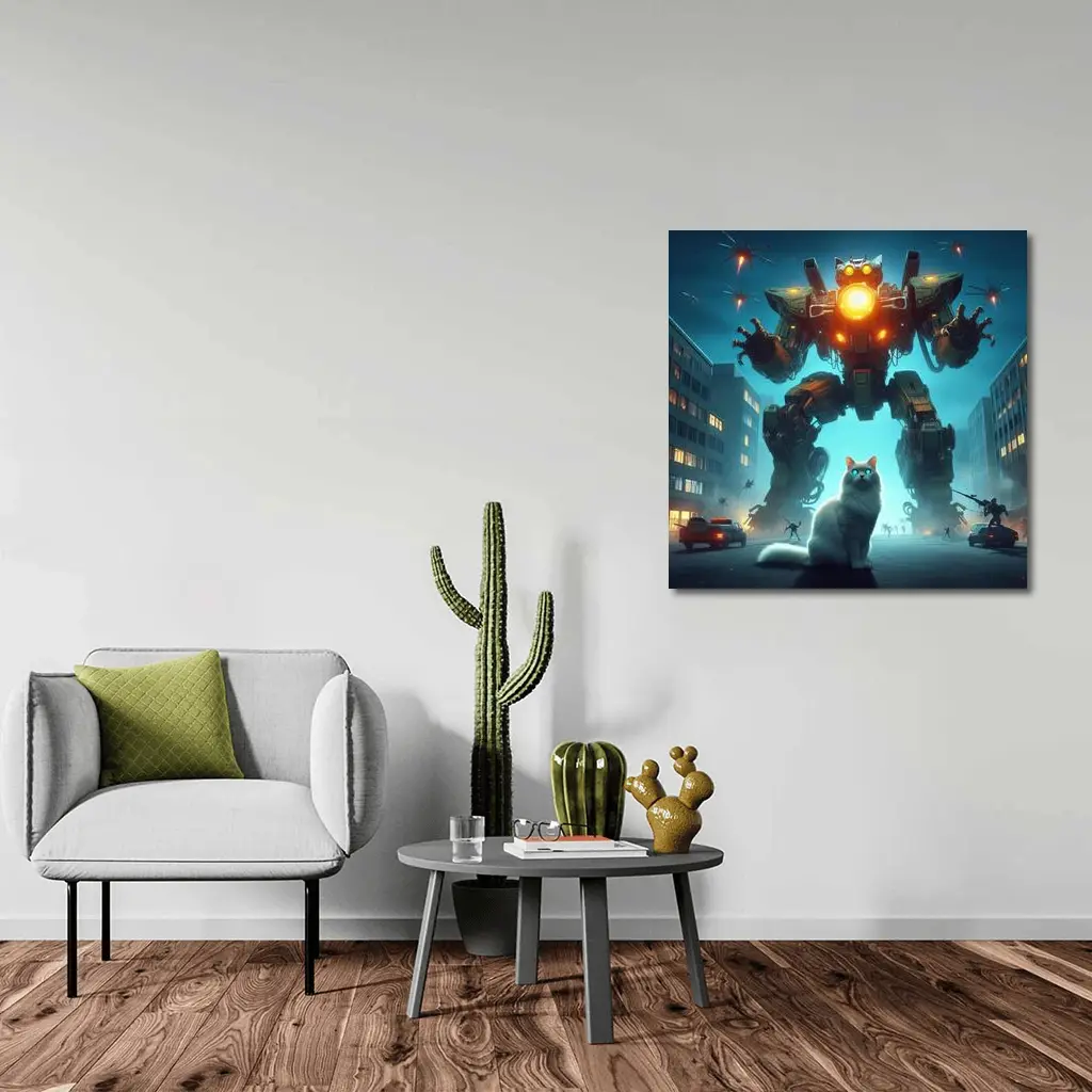 White Cat Giant Mech Robot City Night – Wall Art