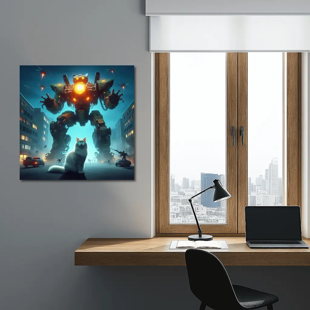 White Cat Giant Mech Robot City Night – Wall Art