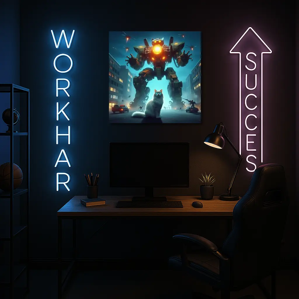 White Cat Giant Mech Robot City Night – Wall Art
