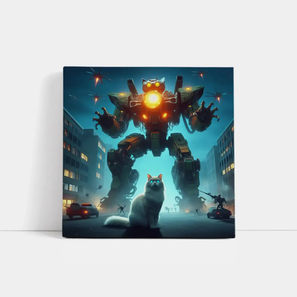 White Cat Giant Mech Robot City Night – Wall Art