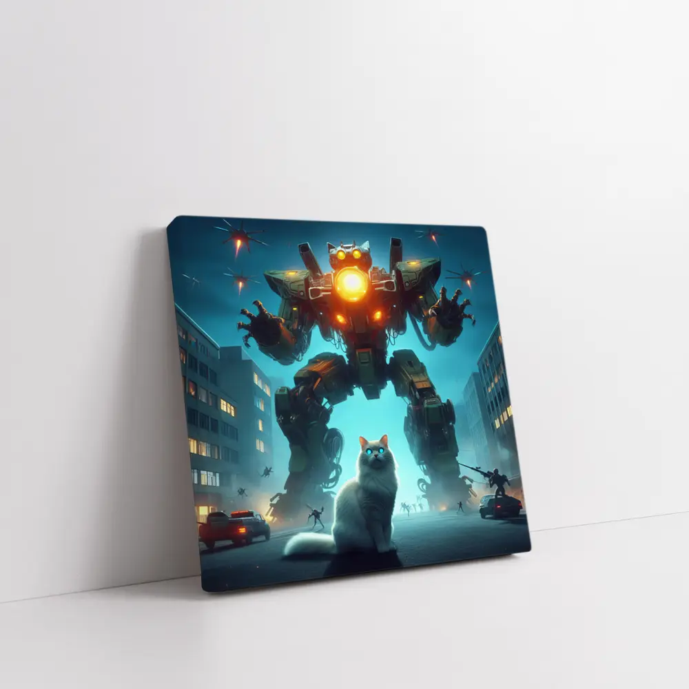 White Cat Giant Mech Robot City Night – Wall Art