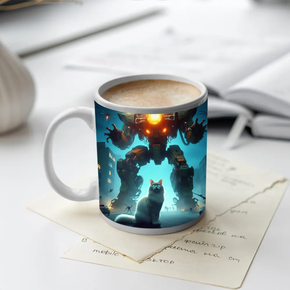 White Cat Giant Mech Robot City Night – Mugs