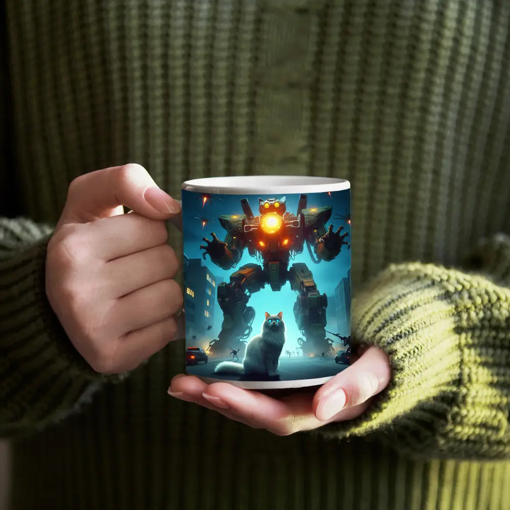 White Cat Giant Mech Robot City Night – Mugs