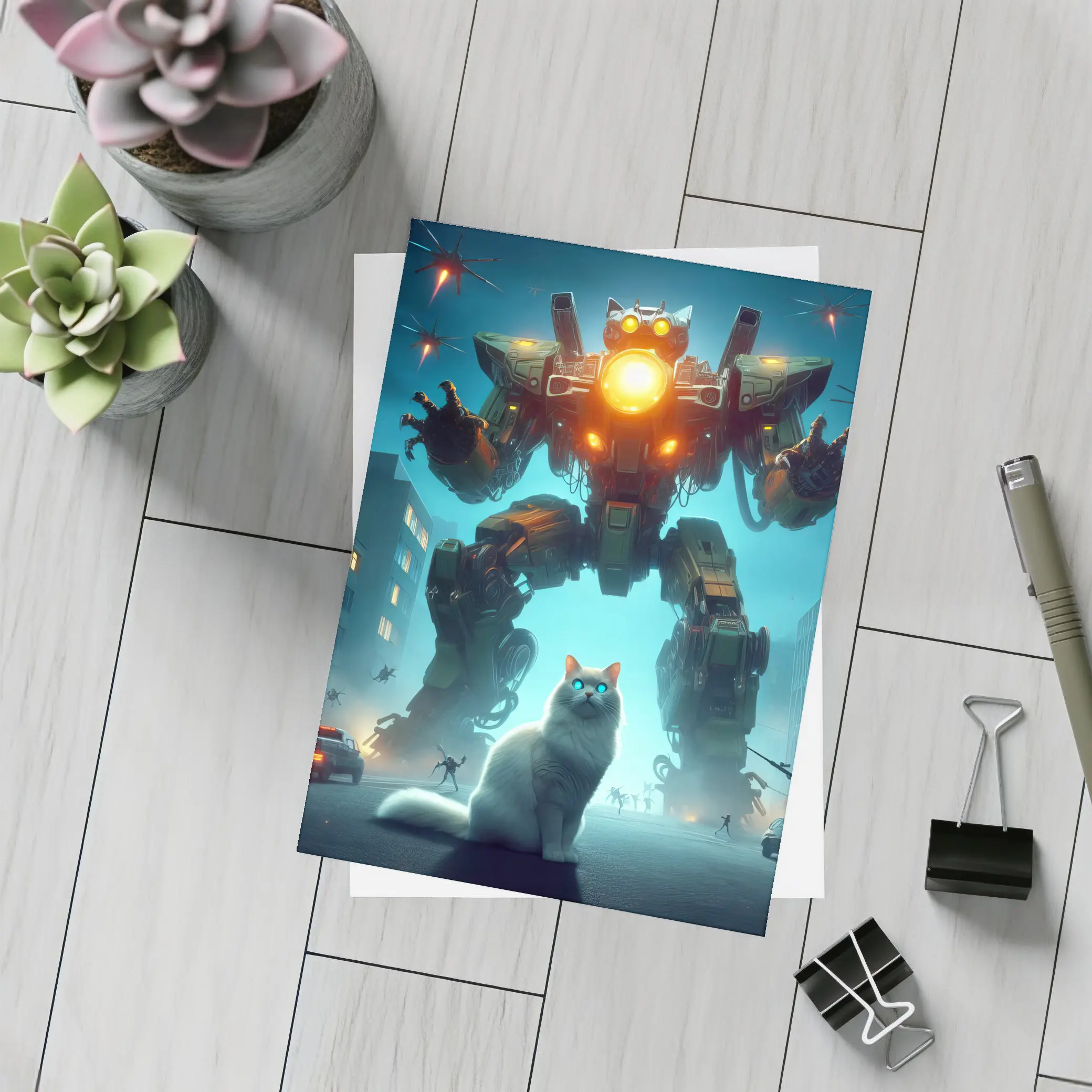 White Cat Giant Mech Robot City Night – Postcards