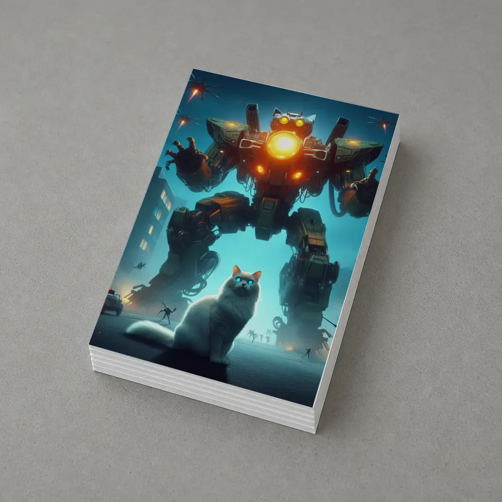 White Cat Giant Mech Robot City Night – Postcards