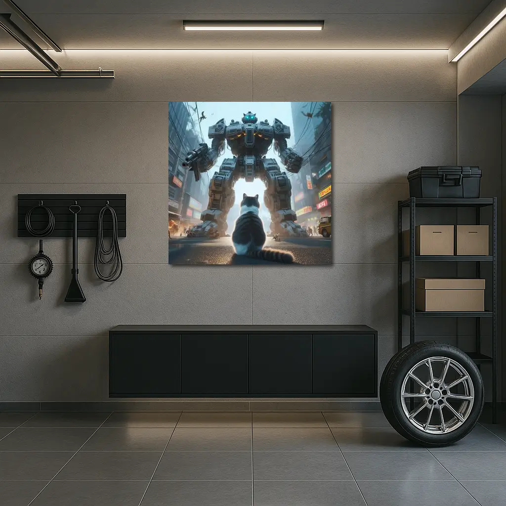 Cat Faces Giant Mech Robot City Street – Wall Art