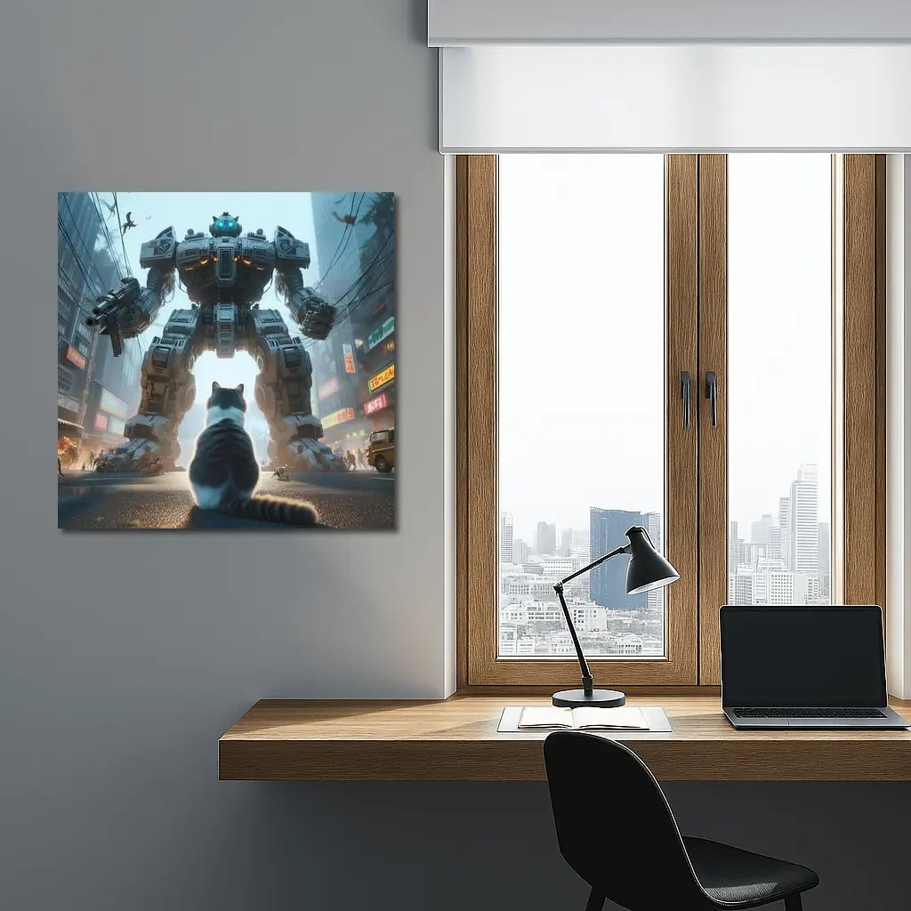 Cat Faces Giant Mech Robot City Street – Wall Art