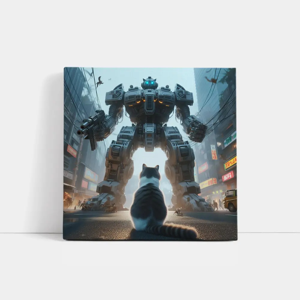 Cat Faces Giant Mech Robot City Street – Wall Art