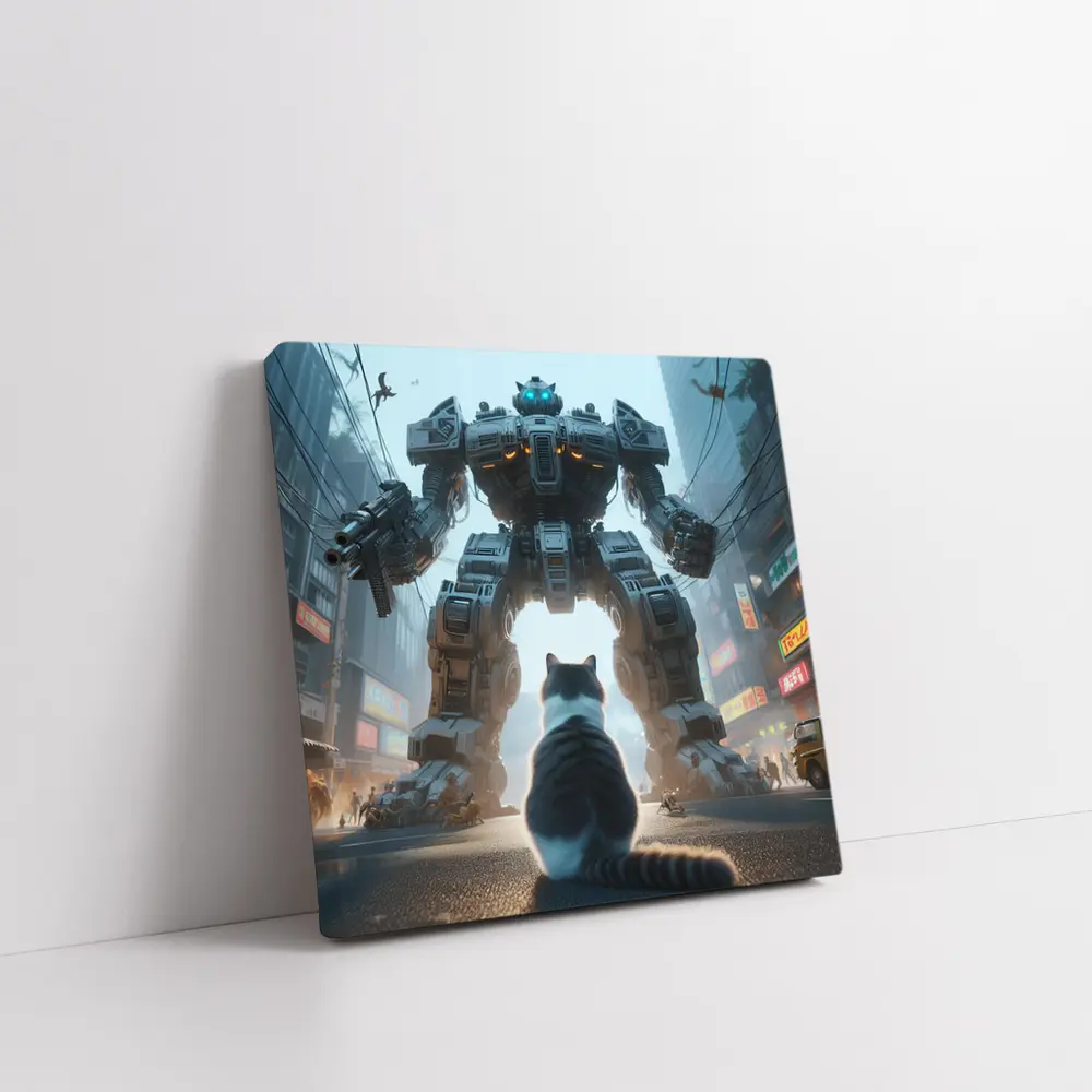 Cat Faces Giant Mech Robot City Street – Wall Art