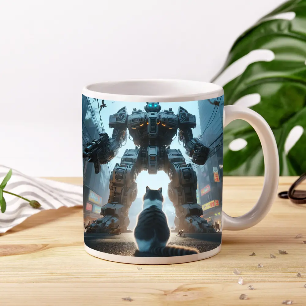 Cat Faces Giant Mech Robot City Street – Mugs