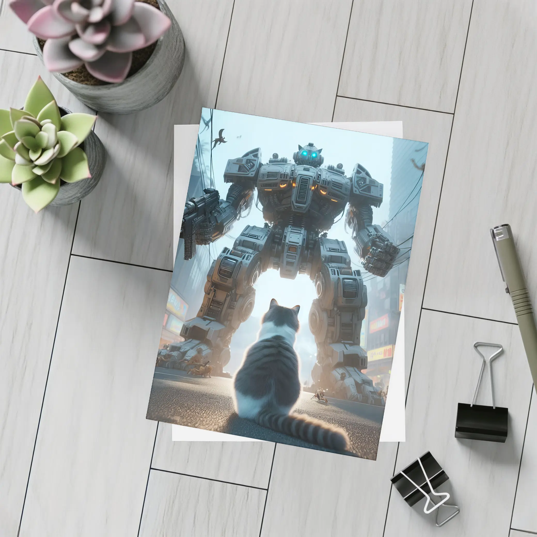 Cat Faces Giant Mech Robot City Street – Postcards