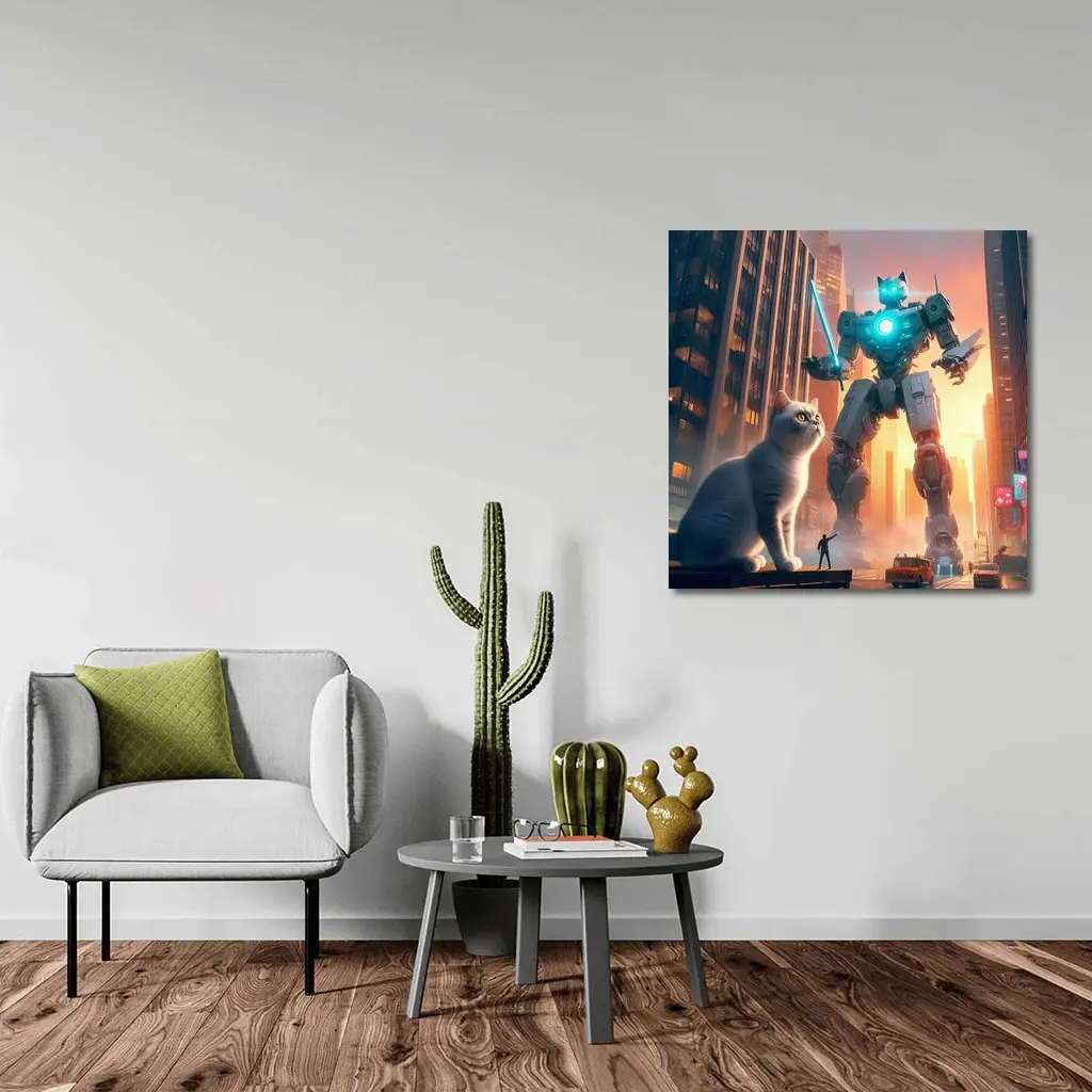 Giant Robot Cat City Cyberpunk Street – Wall Art