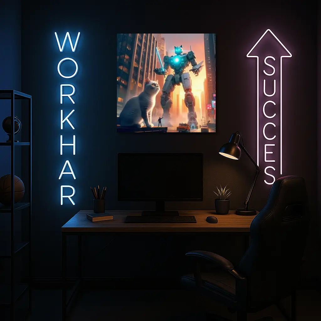 Giant Robot Cat City Cyberpunk Street – Wall Art