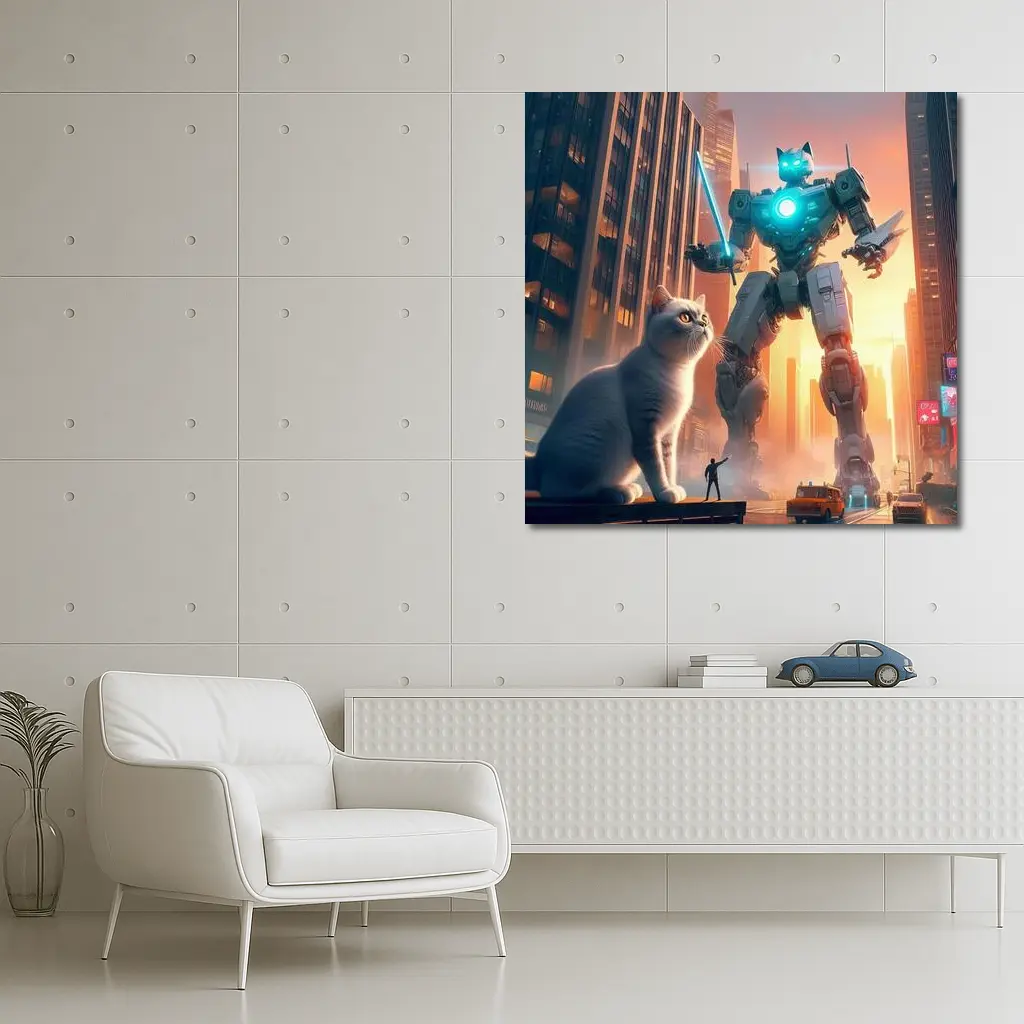 Giant Robot Cat City Cyberpunk Street – Wall Art