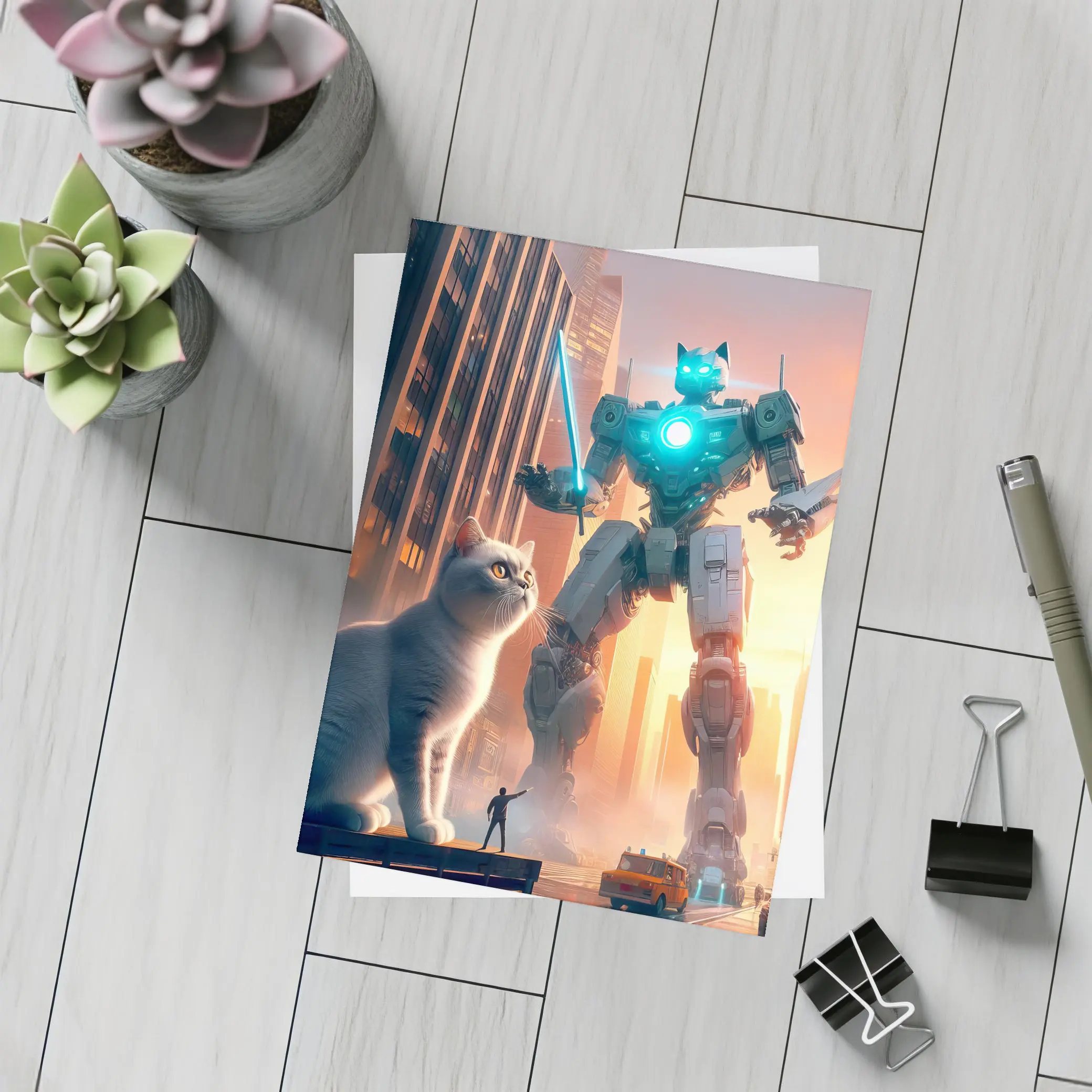 Giant Robot Cat City Cyberpunk Street – Postcards