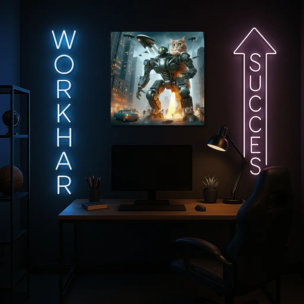 Giant Cat Robot Attacks Futuristic City – Wall Art