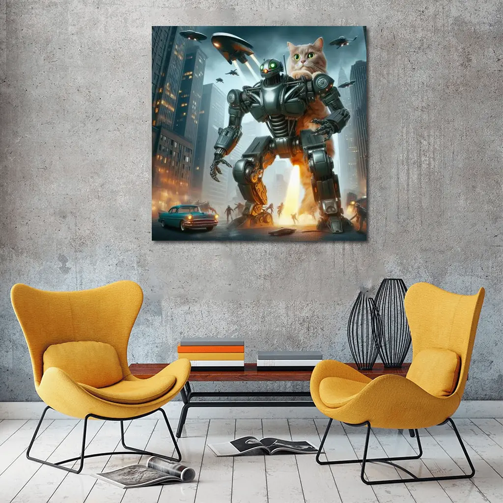 Giant Cat Robot Attacks Futuristic City – Wall Art