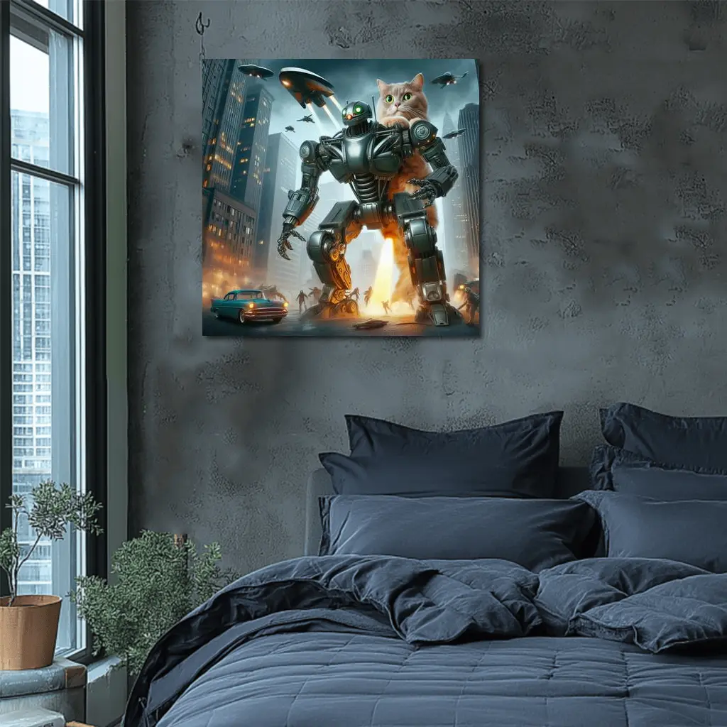 Giant Cat Robot Attacks Futuristic City – Wall Art