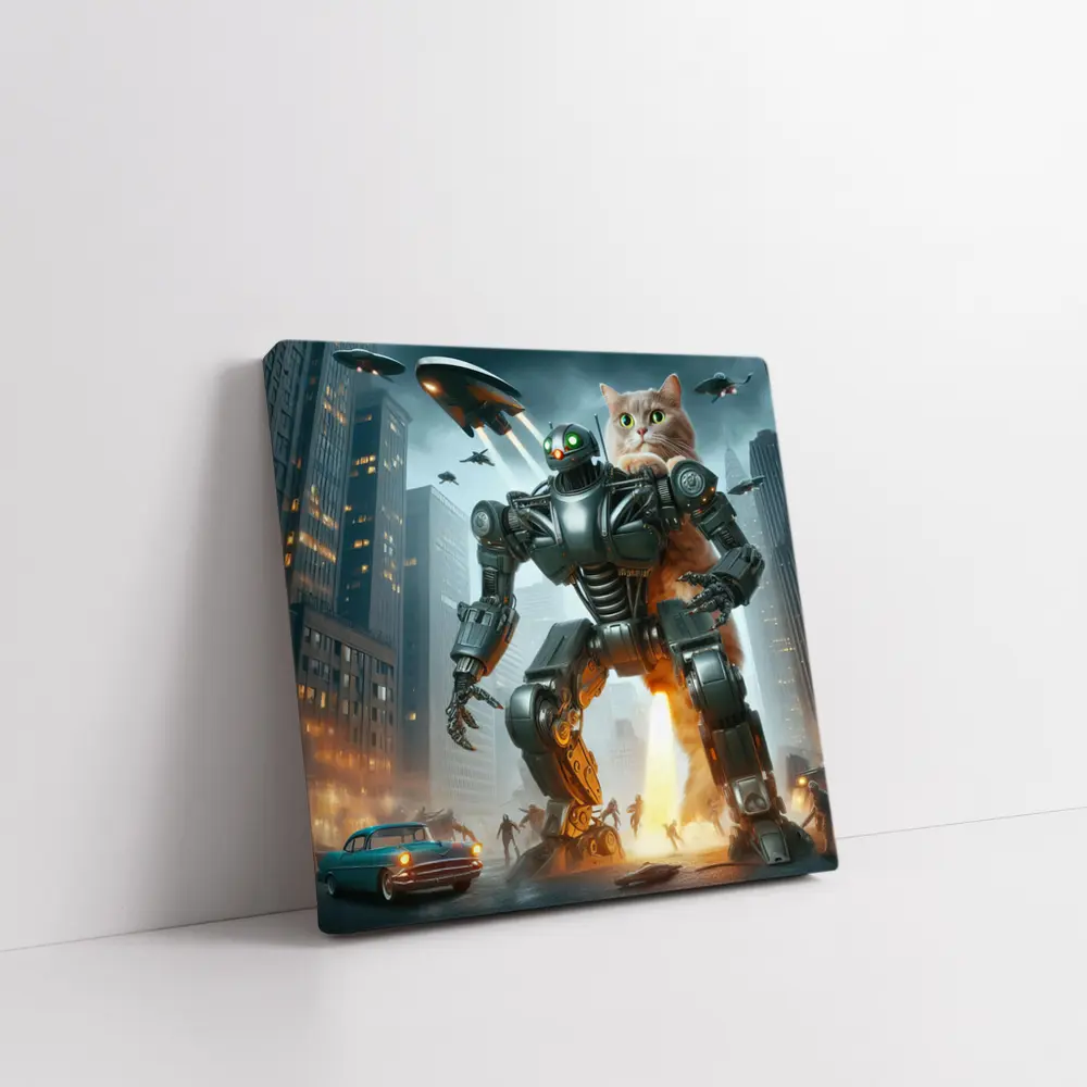Giant Cat Robot Attacks Futuristic City – Wall Art