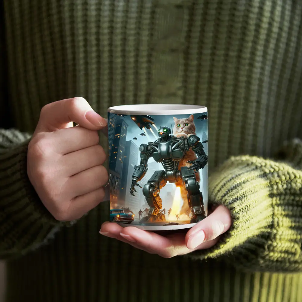 Giant Cat Robot Attacks Futuristic City – Mugs