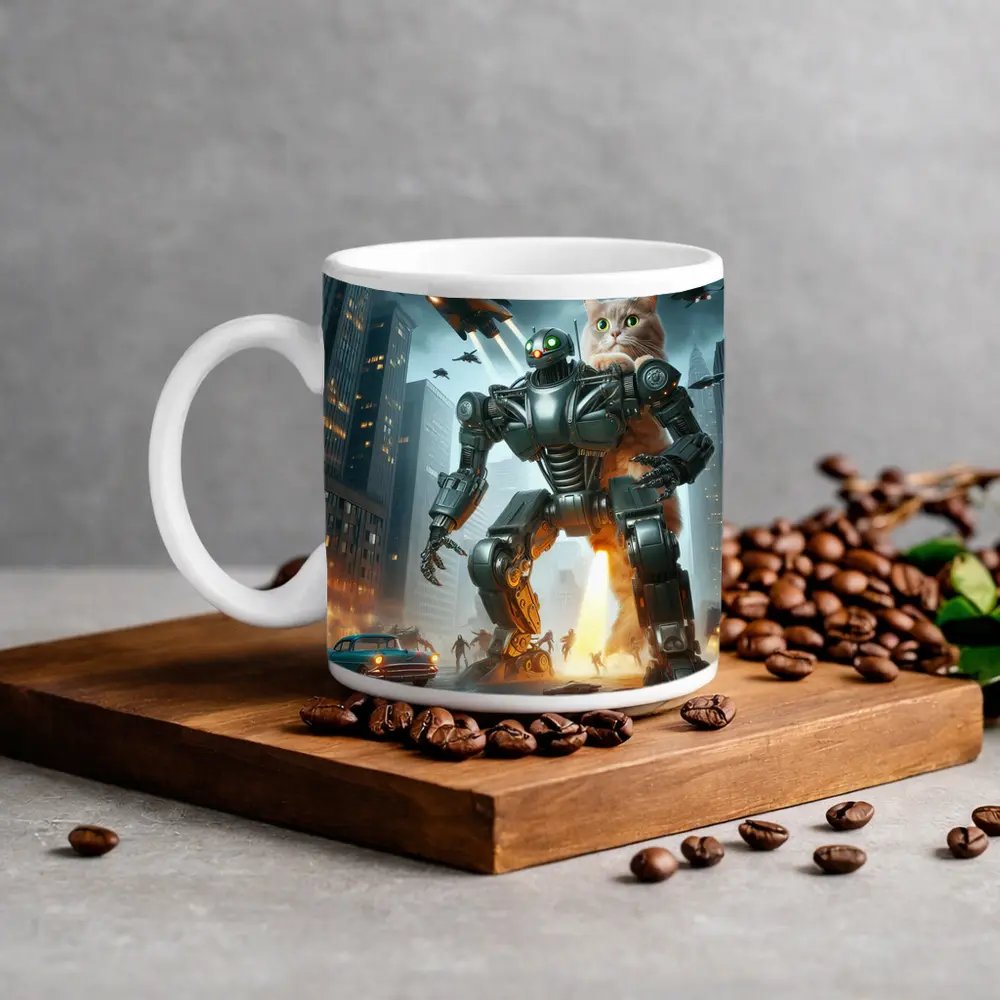 Giant Cat Robot Attacks Futuristic City – Mugs