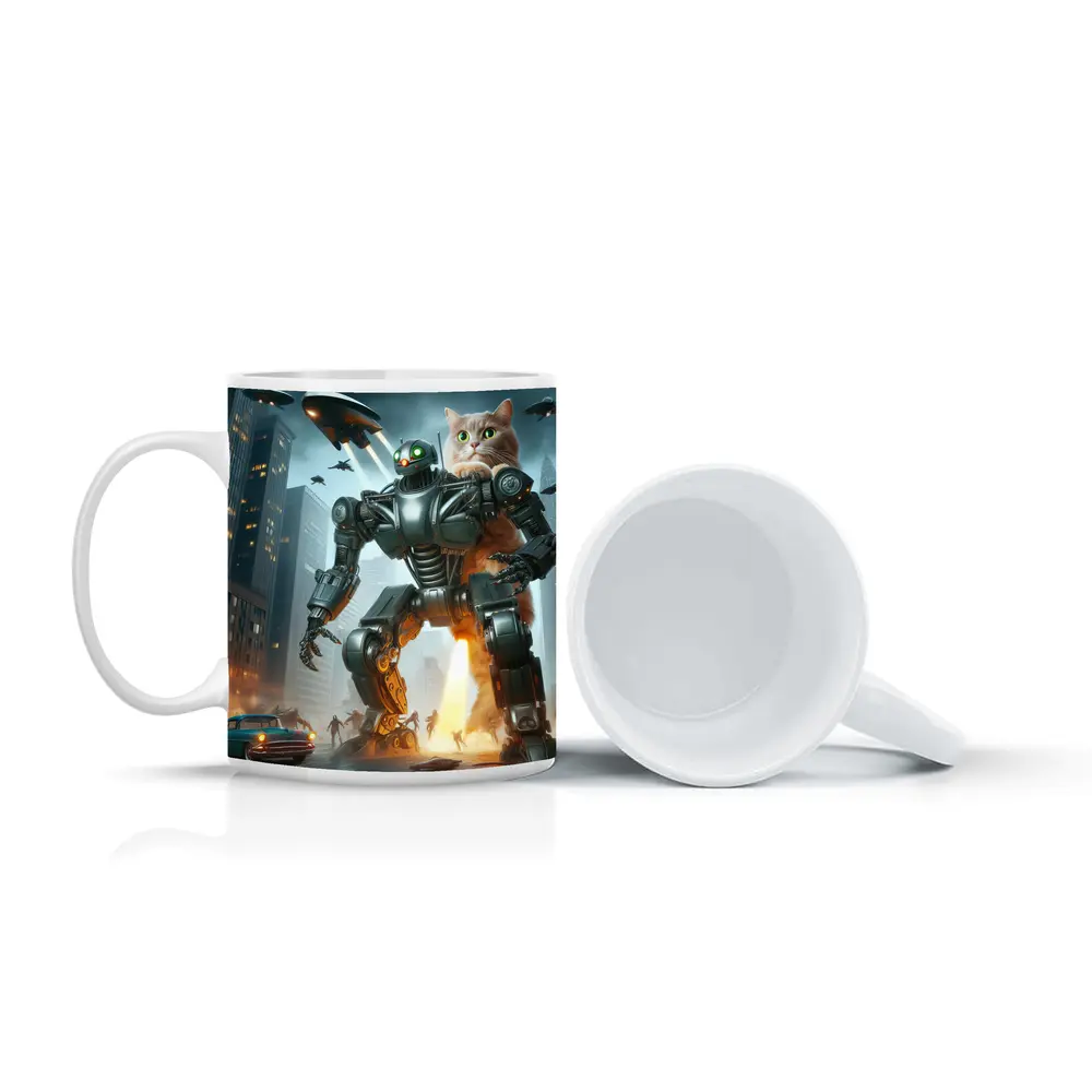 Giant Cat Robot Attacks Futuristic City – Mugs
