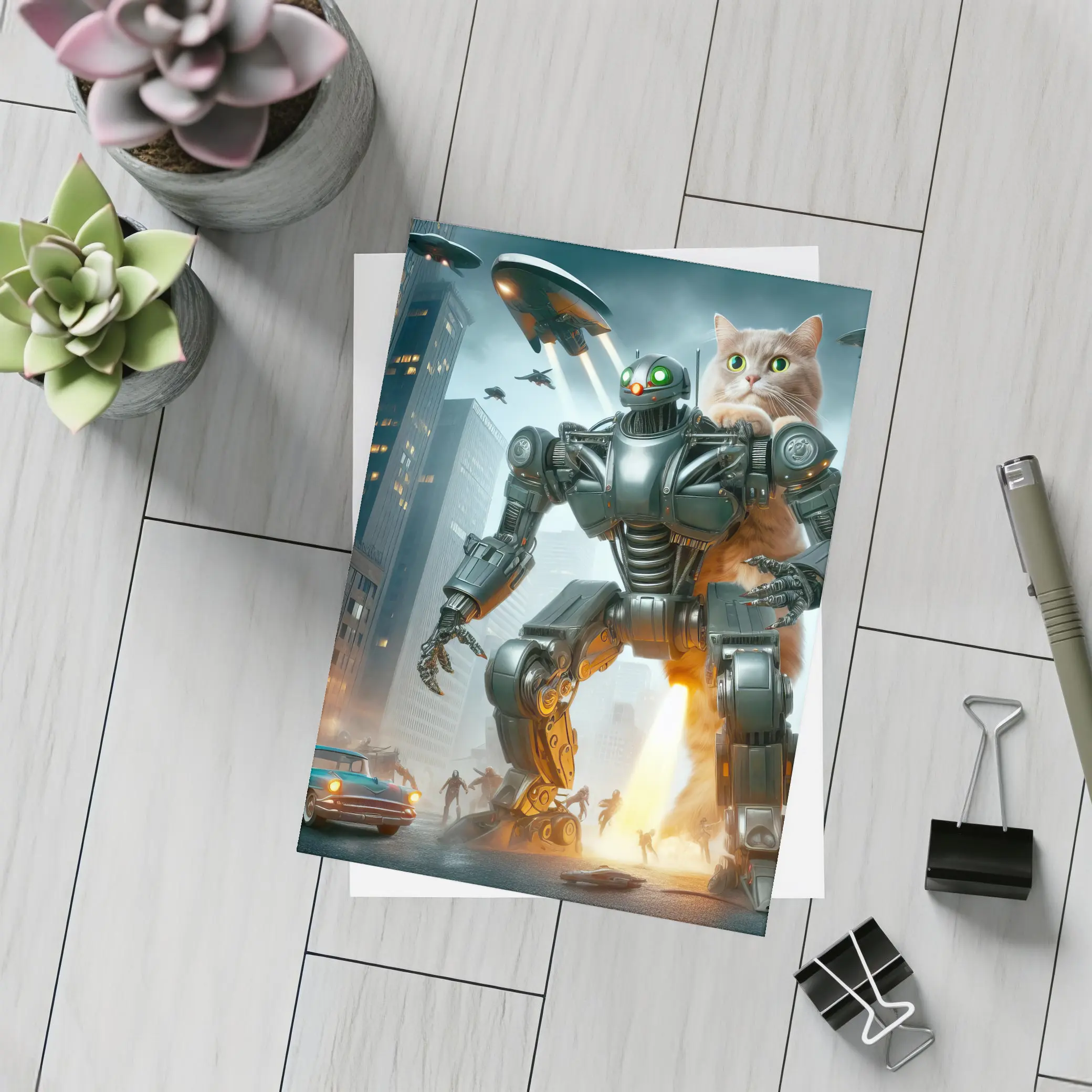 Giant Cat Robot Attacks Futuristic City – Postcards